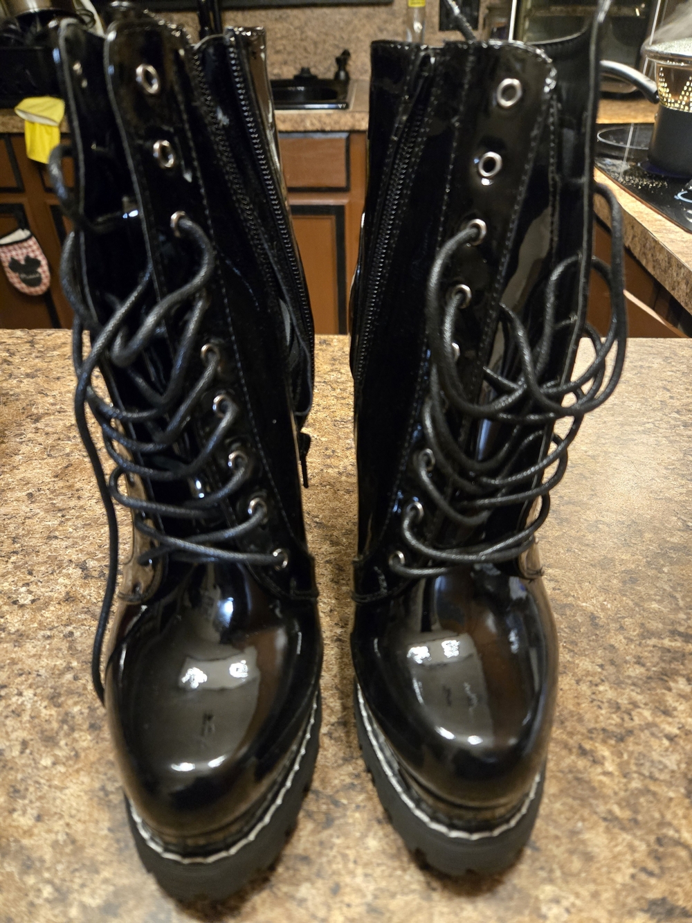 Fashion Nova Black Patent Lace-Up Combat Boots